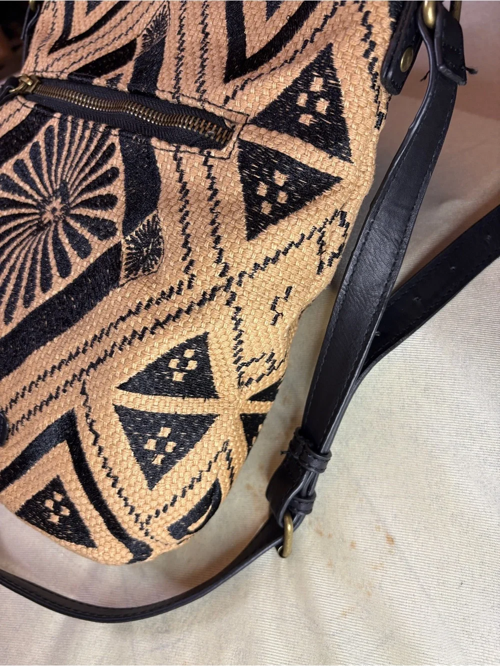 Maya Jute Hippie Woven Geometric Crossbody Bag in Black and Tan